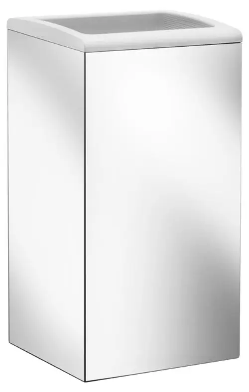 Ein quadratischer, glänzender Mülleimer mit abgerundeten Kanten und einem offenen oberen Bereich, ideal für moderne Badezimmer oder öffentliche Bereiche.